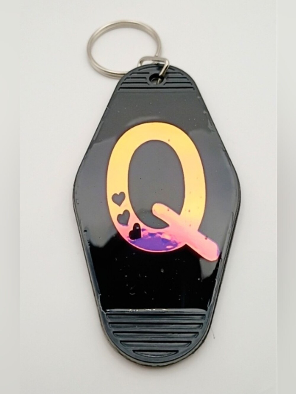 Motel Keychain Custom Retro Styled Black Holographic Letter Q Keyring Accessory